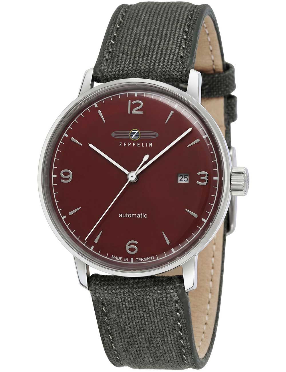 Zeppelin Herrenarmbanduhr mit dunkelgrauem Stoffband, bordeauxfarbenem Zifferblatt und Datum