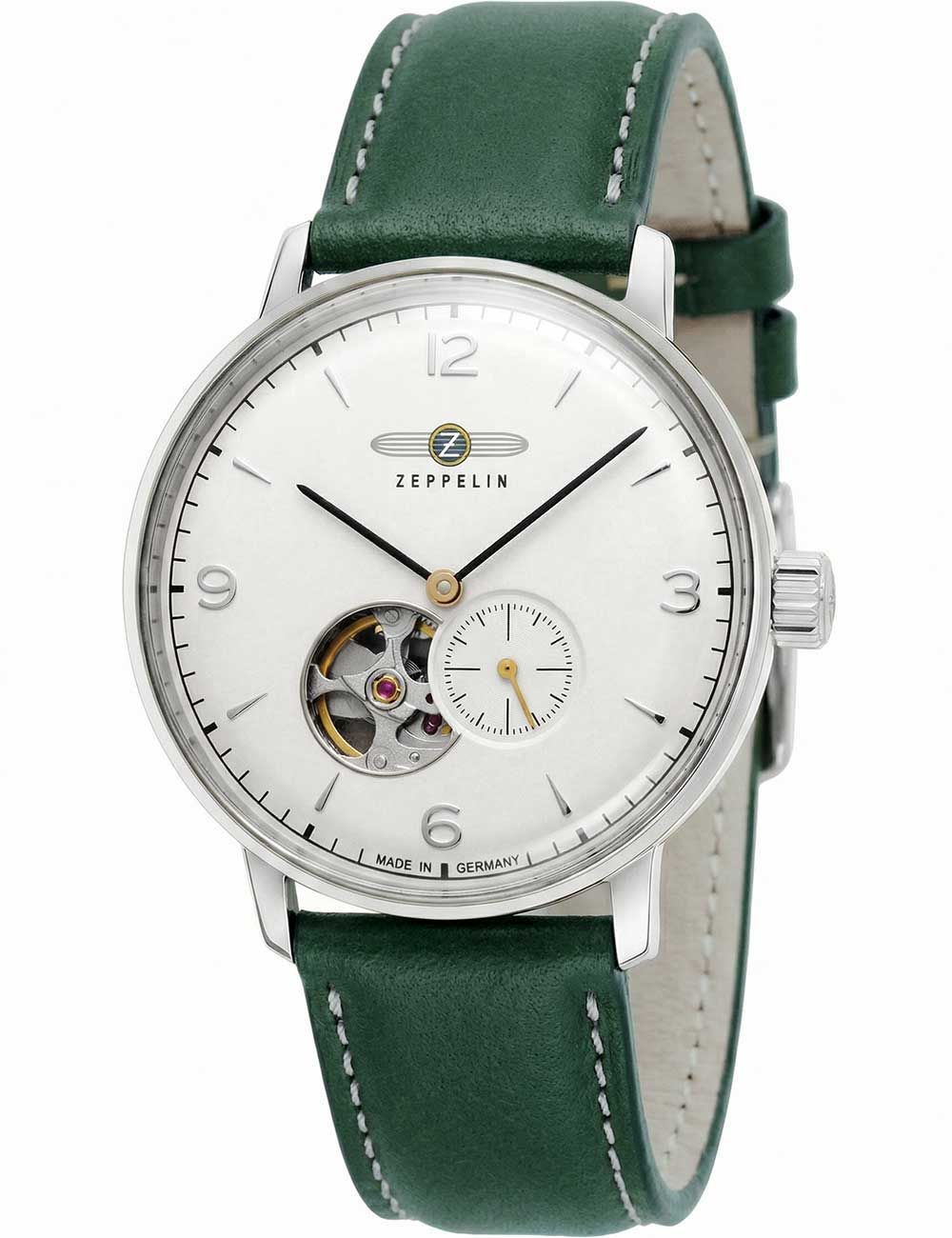 Herren-Automatikuhr mit grünem Lederarmband, silbernem Gehäuse und weißem Zifferblatt