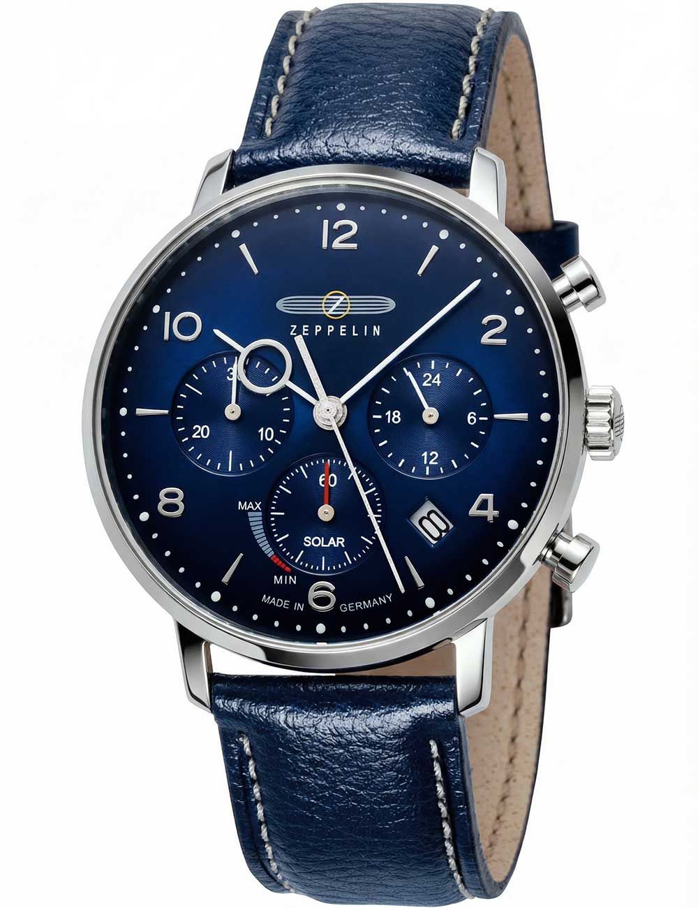 Herrenchronograph: blaues Zifferblatt, Edelstahlgehäuse, dunkelblaues Lederarmband