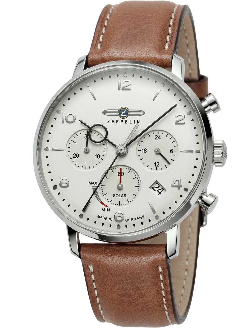 Herrenquarzuhr mit braunem Lederarmband, silbernem Zifferblatt und Chronographen-Subdials