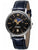 Damenuhr mit blauem Lederarmband, dunklem Zifferblatt mit Mondphase und goldenen Zeigern