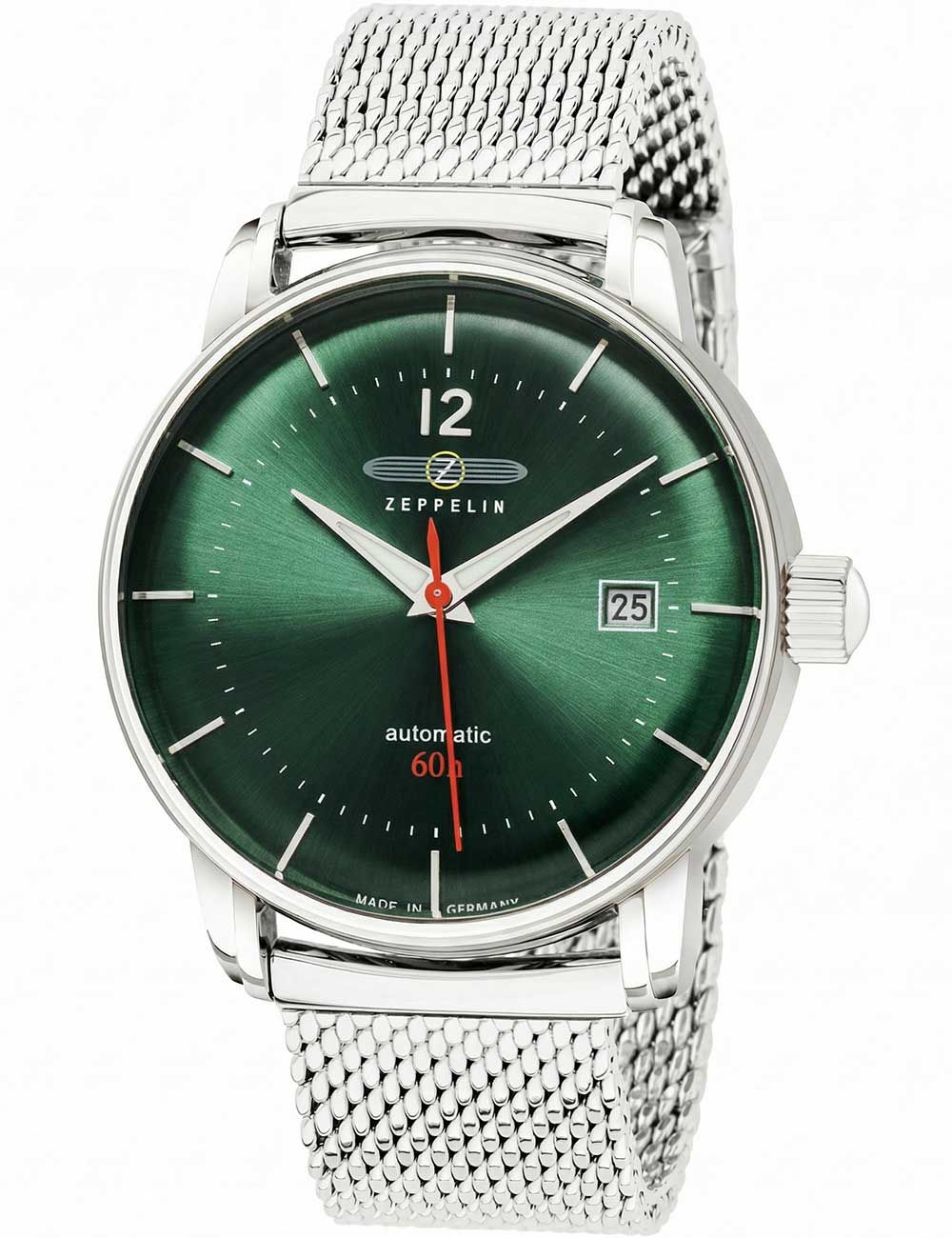 Herrenarmbanduhr Zeppelin mit grünem Zifferblatt und silbernem Meshband, Automatik