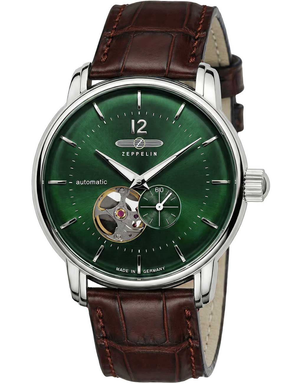 Herrenarmbanduhr mit grünem Zifferblatt, braunem Lederband und Automatik-Anzeige