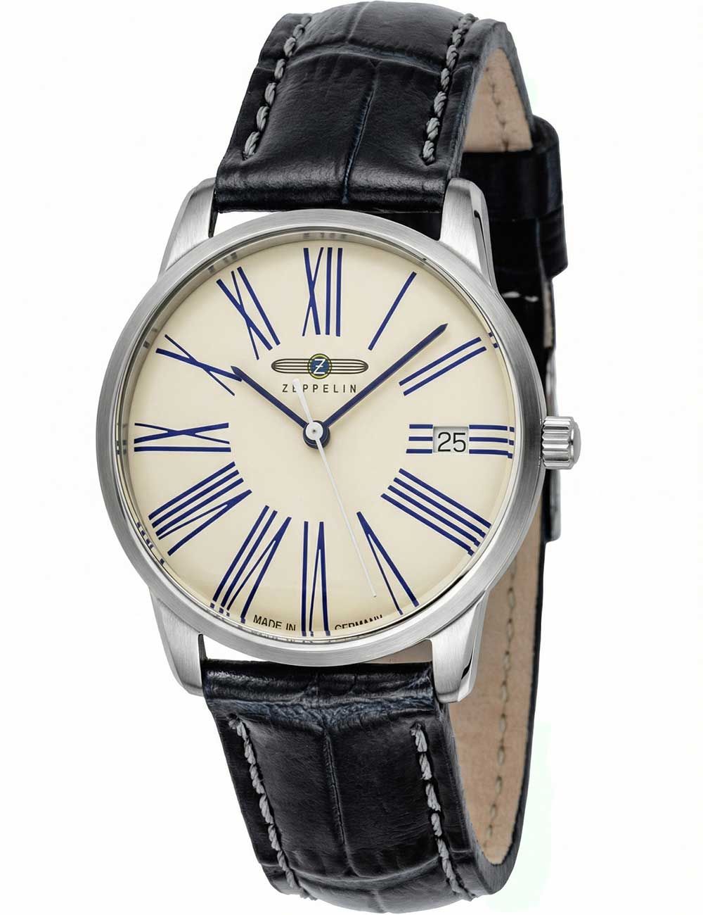 Herrenarmbanduhr Zeppelin Flatline mit schwarzem Lederband, cremefarbenem Zifferblatt