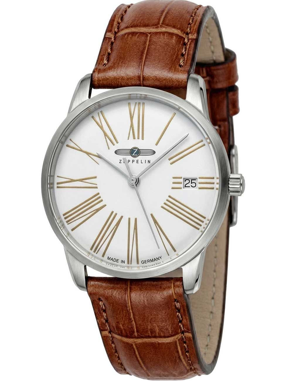 Zeppelin Flatline Herrenuhr mit braunem Lederarmband, silbernem Gehäuse, Datum