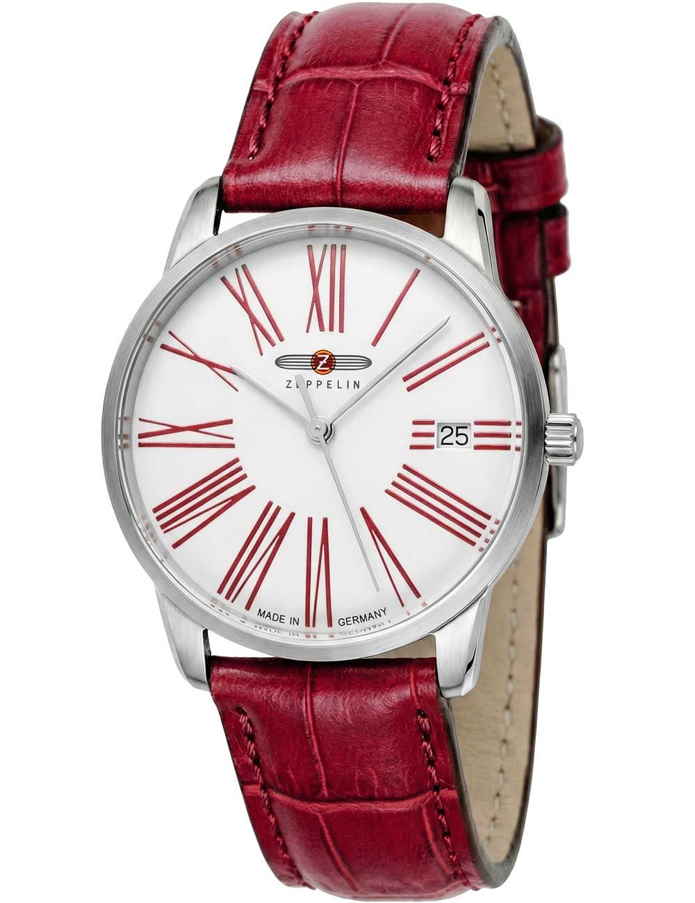 Zeppelin Herren-Armbanduhr mit rotem Lederarmband, silbernem Gehäuse und römischen Ziffern