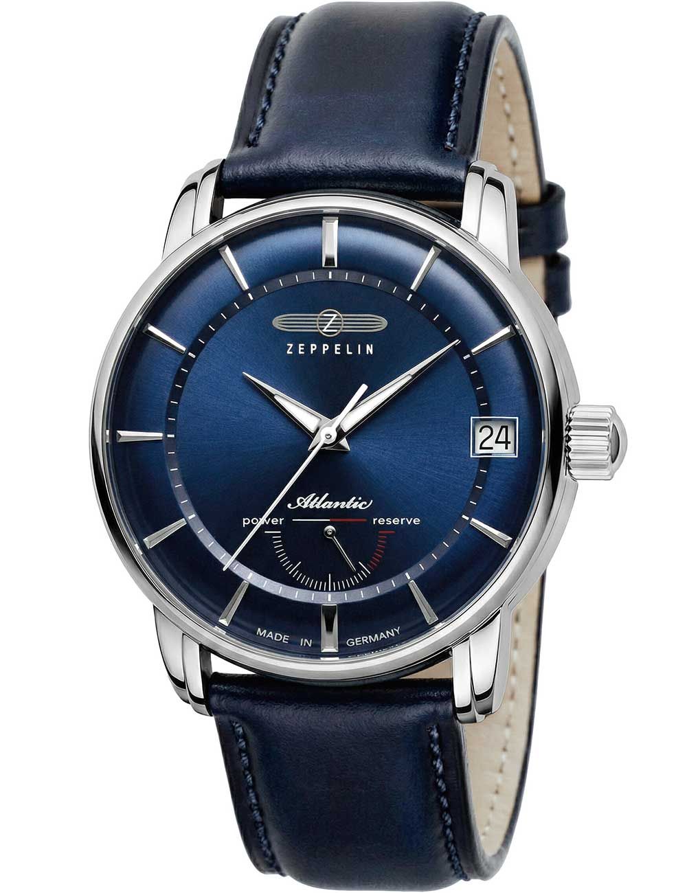 Zeppelin Herrenarmbanduhr Atlantic 8416-3 mit blauem Zifferblatt und Lederarmband, Datum