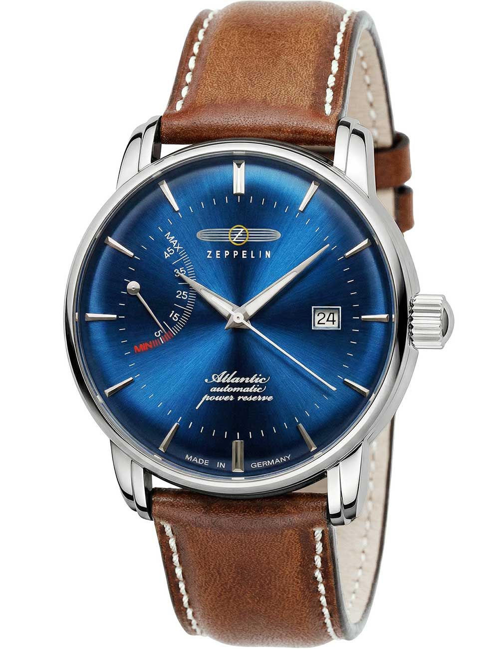 Herrenuhr mit blauem Zifferblatt, braunem Lederband und Datumsfenster bei 24