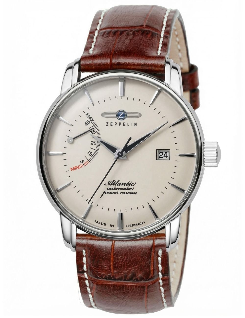 Herrenuhr mit silbernem Gehäuse, beigem Zifferblatt und braunem Lederarmband mit Datumsanzeige