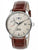 Herrenuhr mit silbernem Gehäuse, beigem Zifferblatt und braunem Lederarmband mit Datumsanzeige