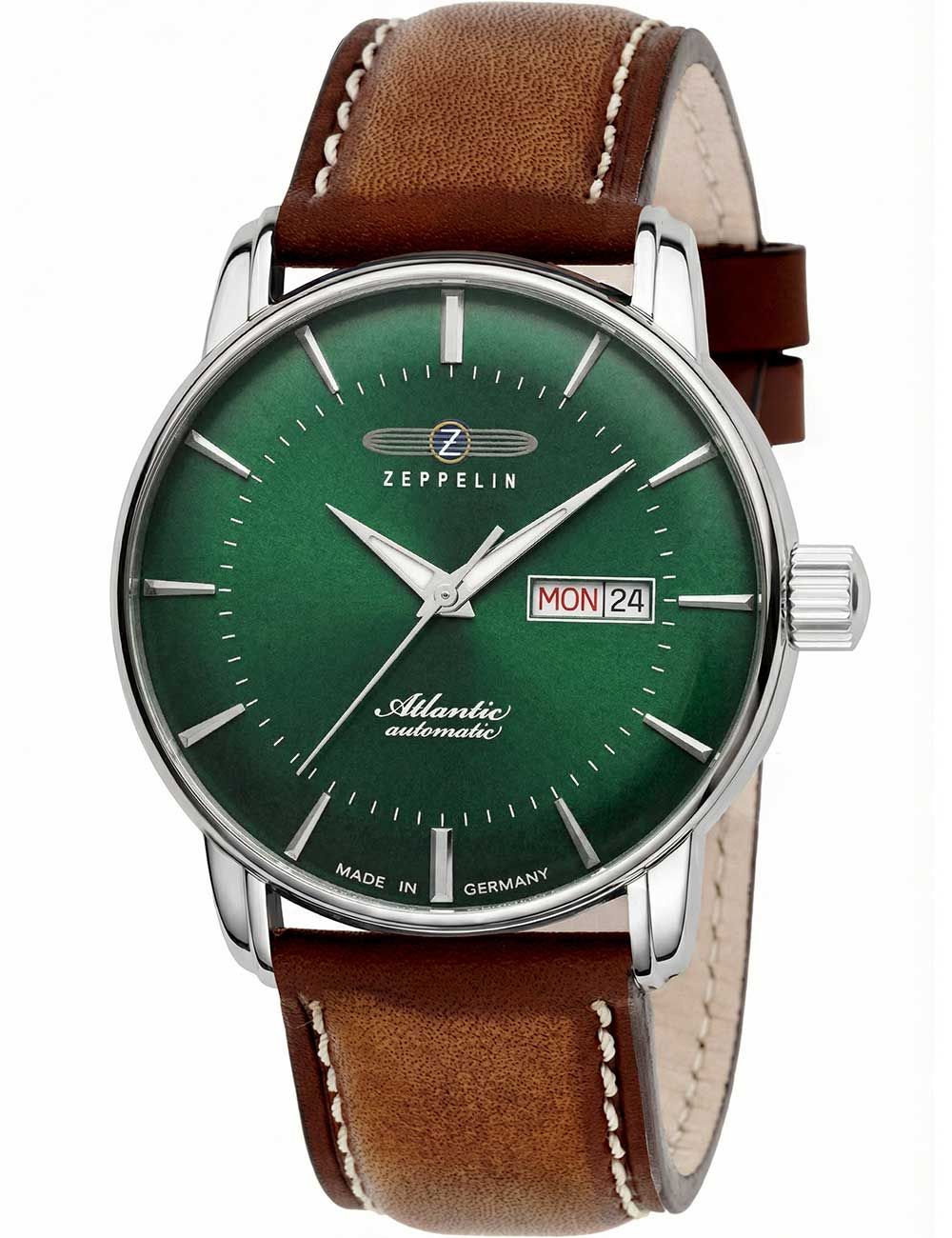 Zeppelin Herrenuhr: grünes Zifferblatt, braunes Lederarmband, Datumsanzeige