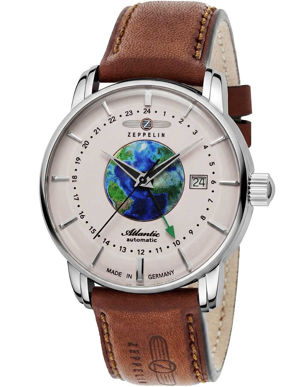 Zeppelin Herrenuhr mit silbernem Gehäuse, braunem Lederband und Datumsanzeige