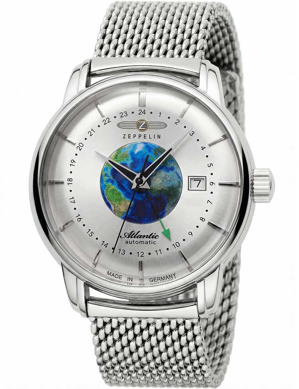 Herrenuhr Zeppelin Atlantik GMT mit silbernem Edelstahl-Meshband und weißem Zifferblatt