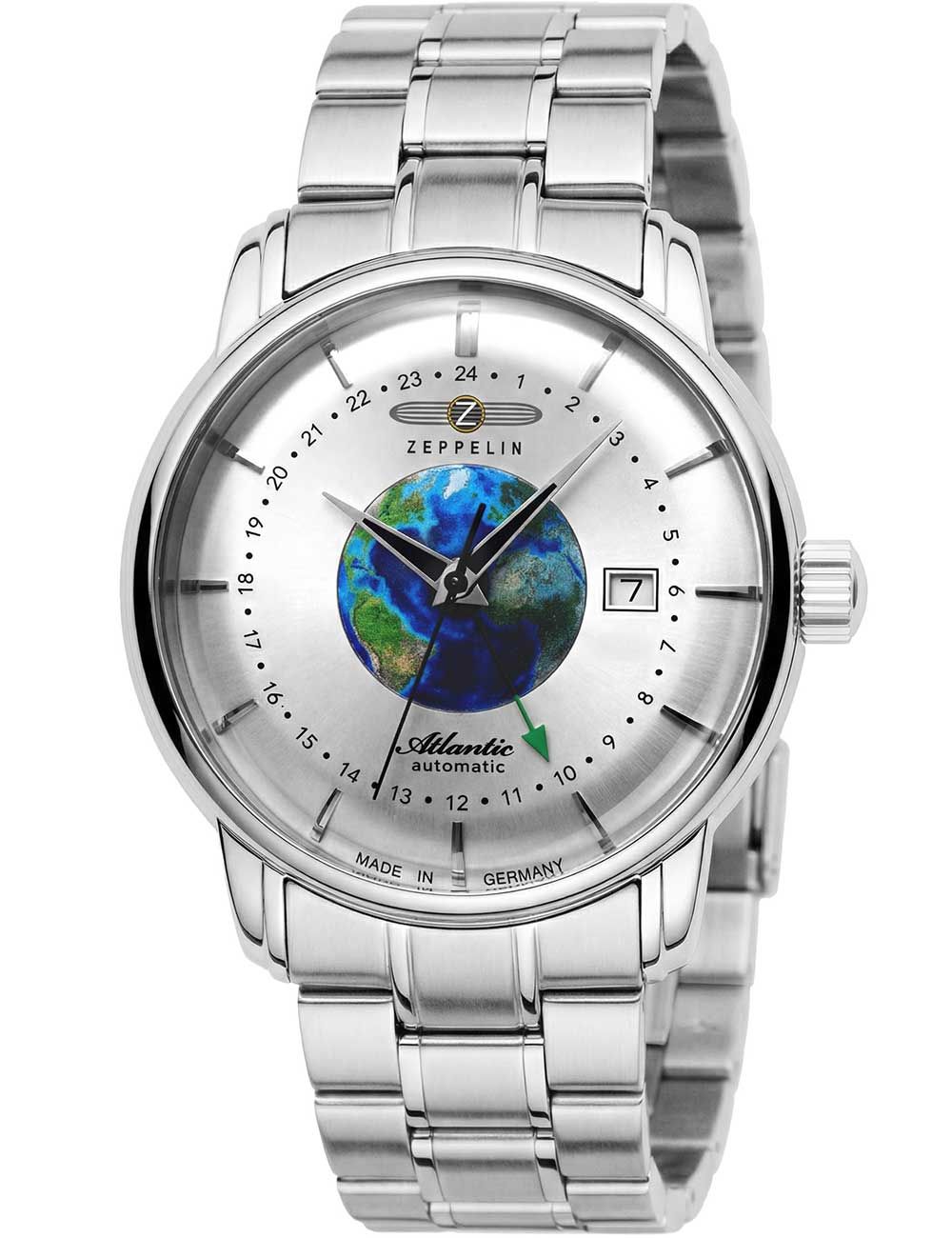 Zeppelin Atlantic Herrenuhr mit weißem Zifferblatt, Edelstahlband und Datumsanzeige