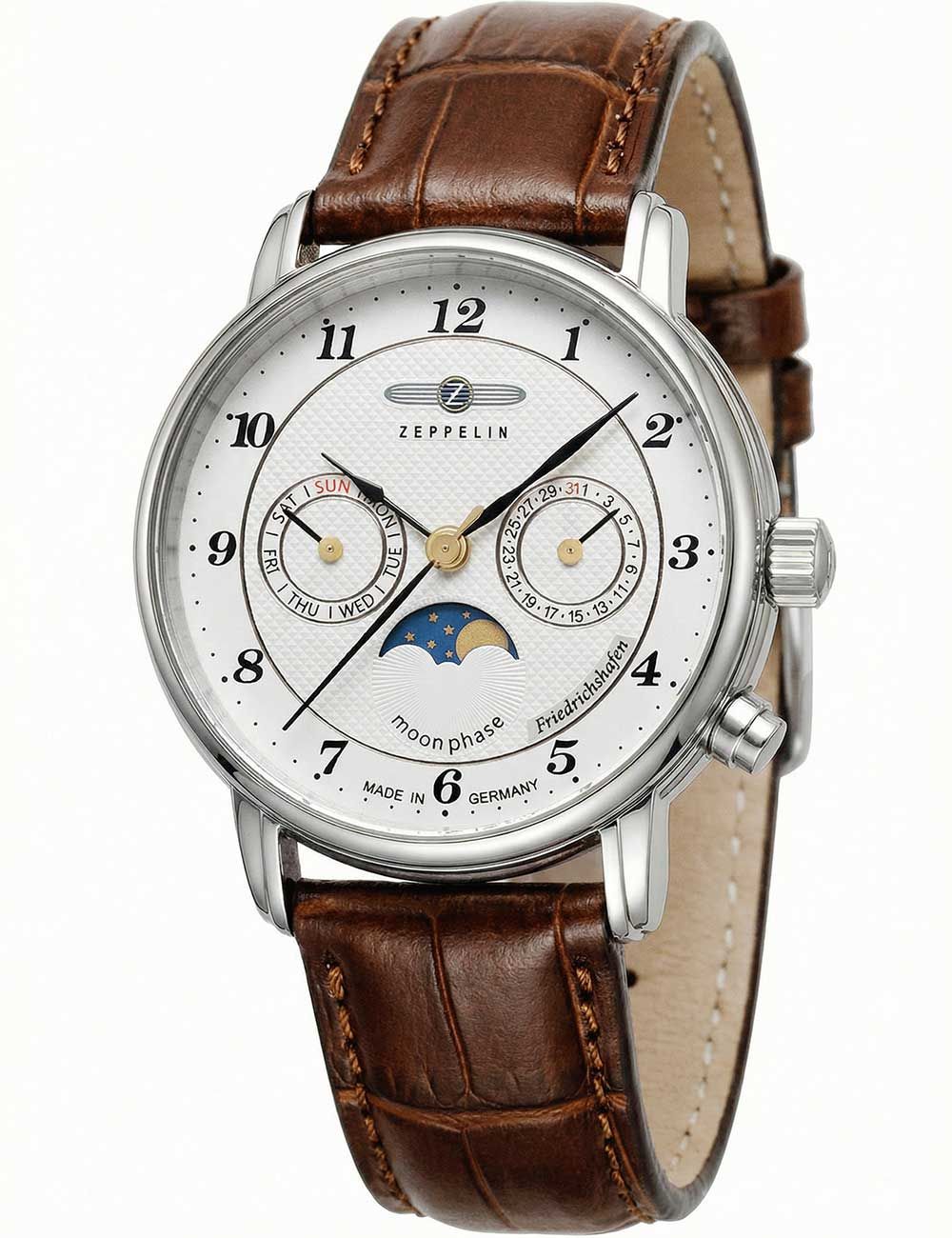 Damen-Armbanduhr mit weißem Zifferblatt, Mondphasenanzeige und braunem Lederband