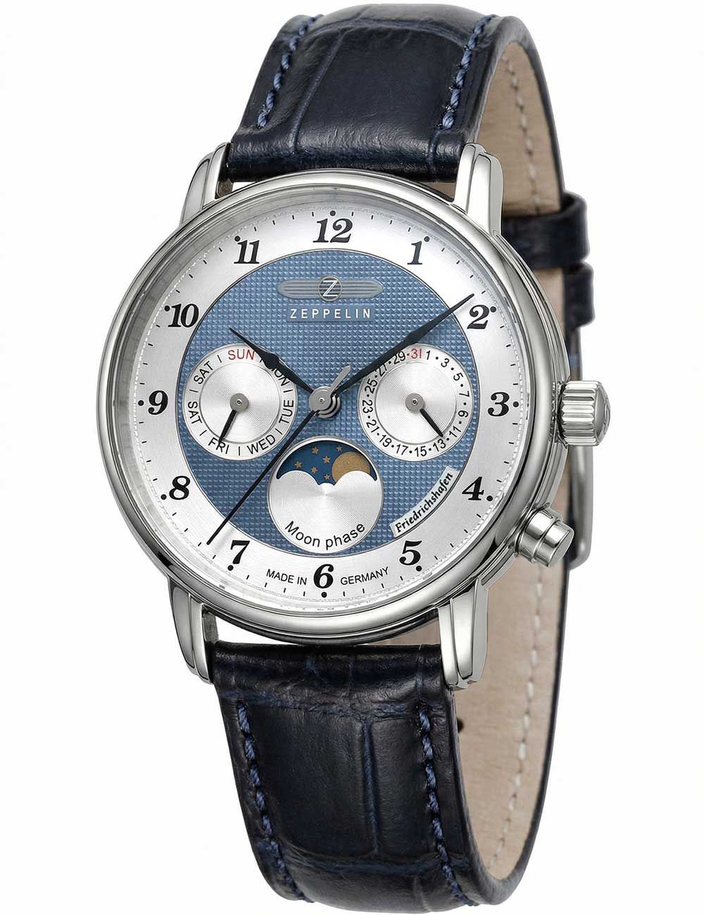 Herrenarmbanduhr mit blauem Zifferblatt und Mondphasenanzeige, Lederarmband