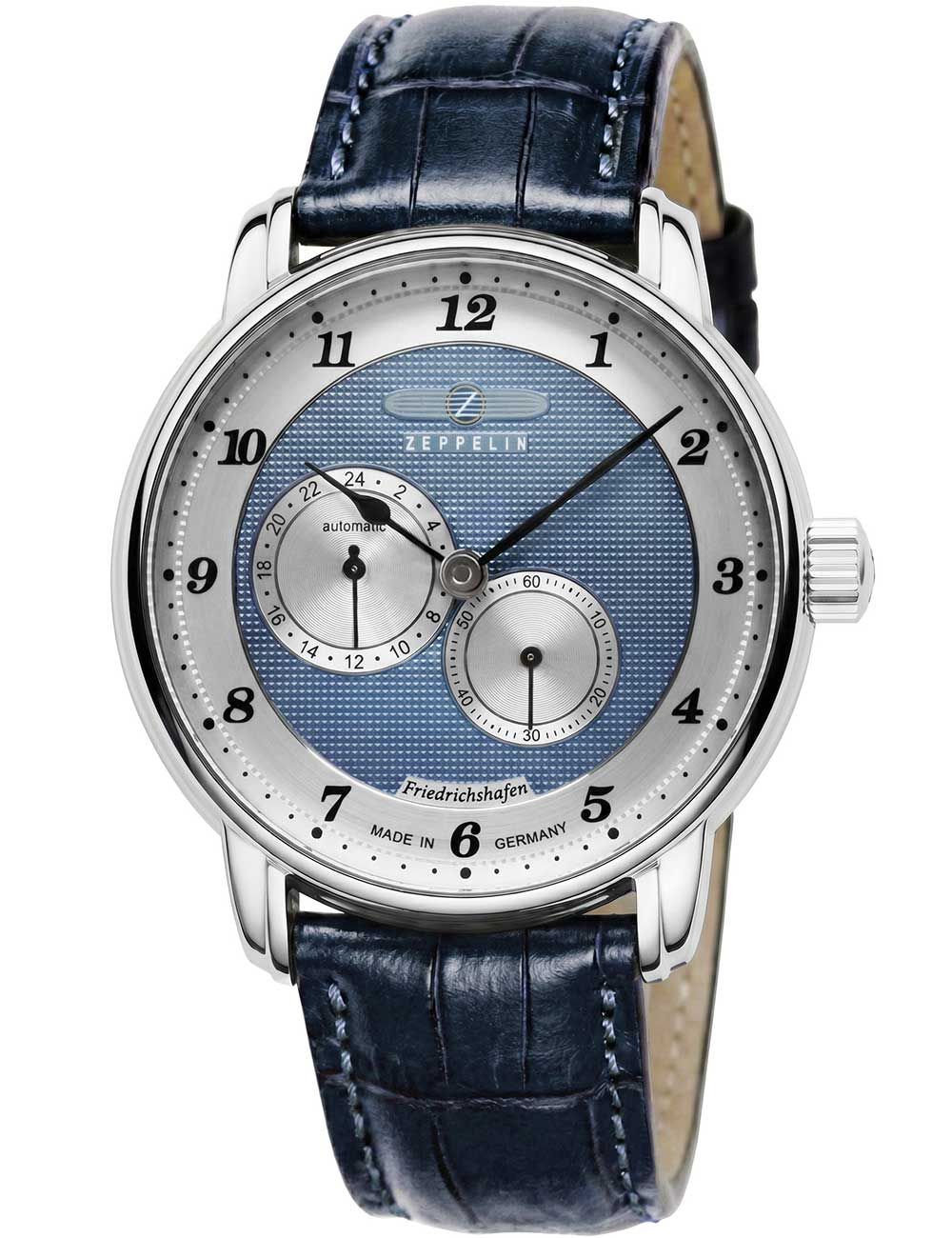 Zeppelin Herrenarmbanduhr mit blauem Zifferblatt, silbernem Gehäuse und Lederarmband.