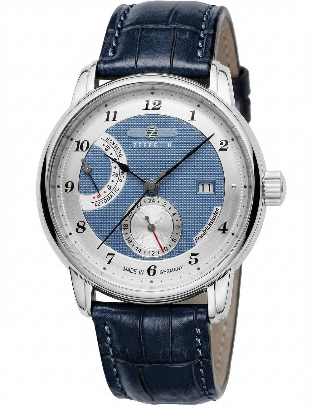 Herrenautomatik-Uhr mit blauem Zifferblatt und dunkelblauem Lederarmband, Metallgehäuse