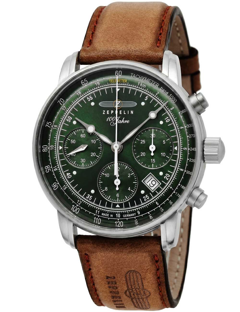 Zeppelin Herrenuhr mit grünem Zifferblatt, Lederarmband und Chronographen-Optik