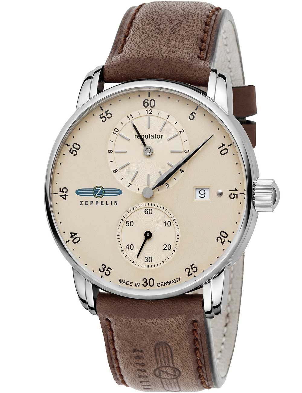Herrenarmbanduhr mit beigem Zifferblatt, braunem Lederband und silbernem Gehäuse