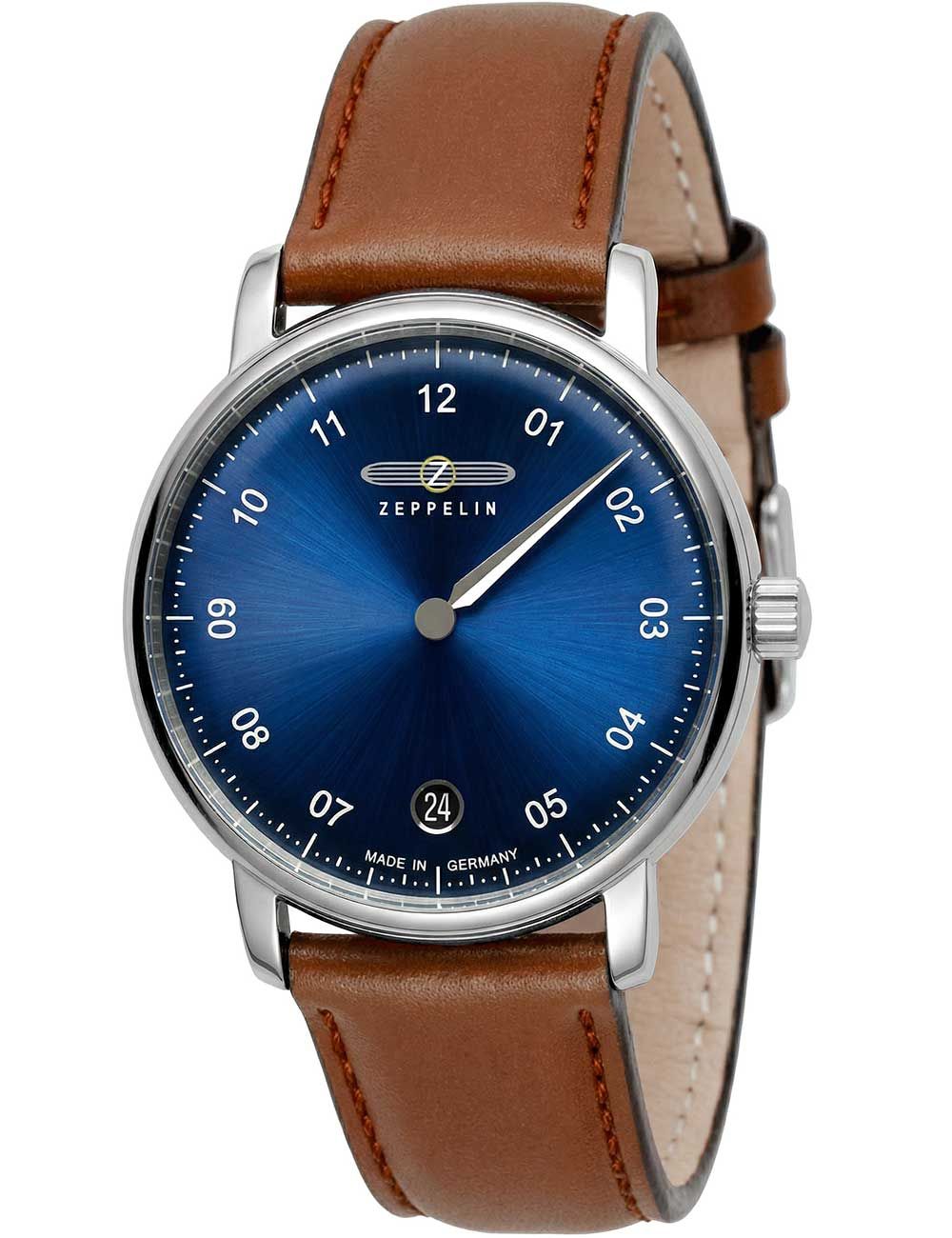 Damenuhr mit blauem Zifferblatt, braunem Lederarmband und silberner Lünette