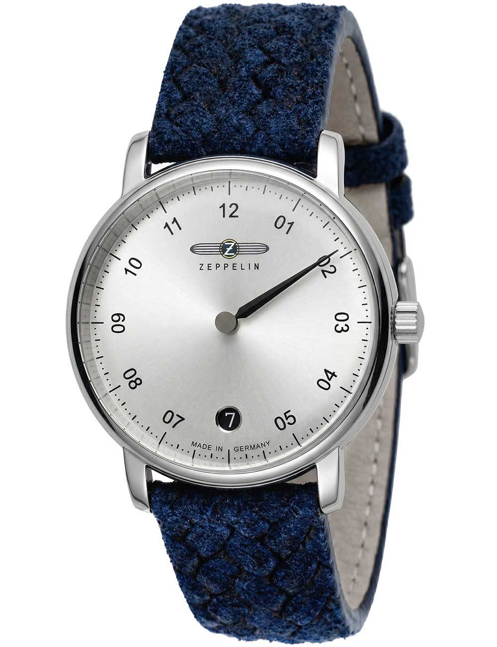 Damenuhr mit blauem Textilarmband, silbernem Gehäuse und weißem Zifferblatt
