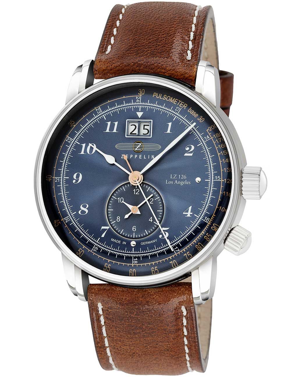 Herrenarmbanduhr mit blauem Zifferblatt, braunem Lederband und silbernem Gehäuse