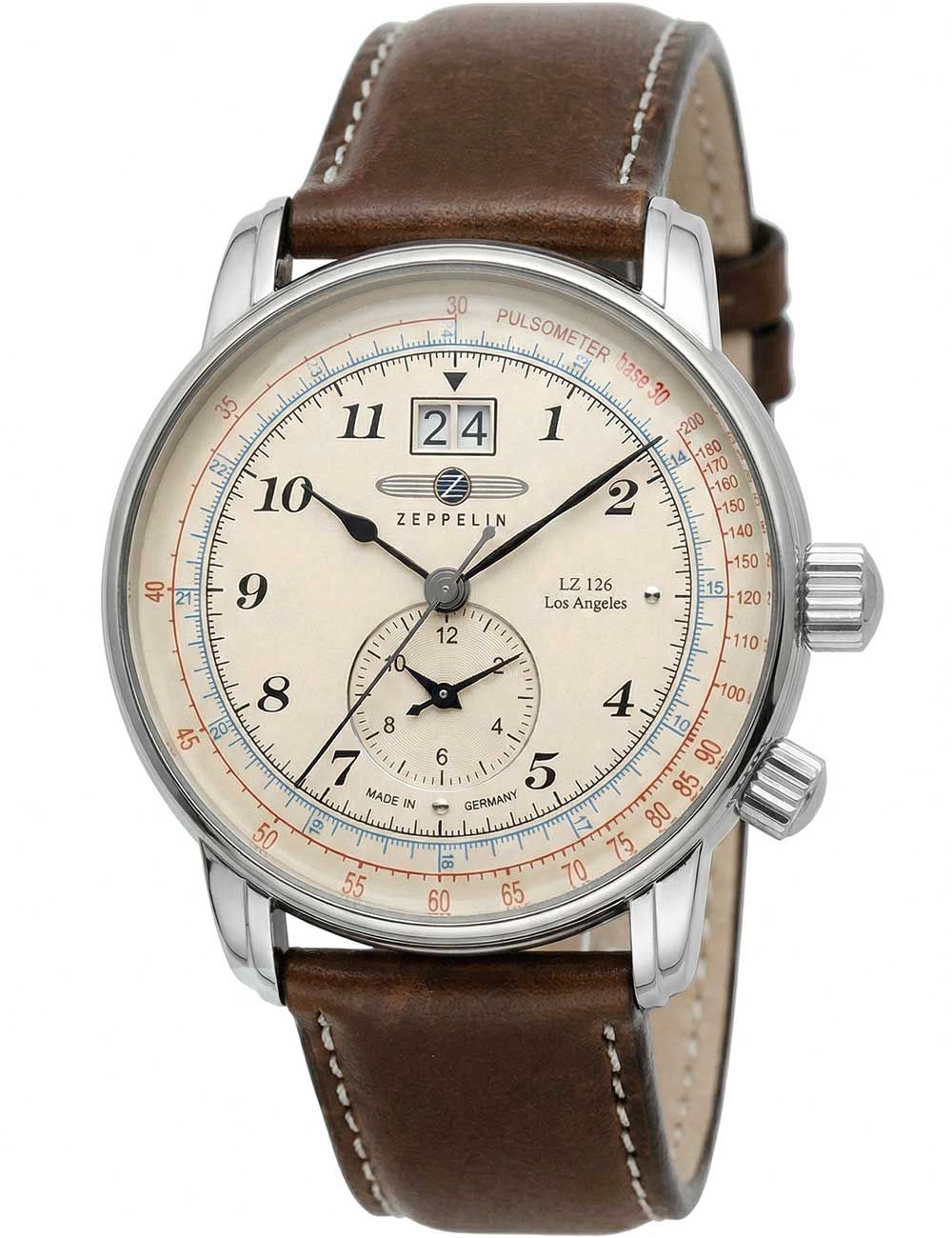 Herren-Armbanduhr Zeppelin mit braunem Lederarmband, silbernem Gehäuse und weißem Zifferblatt