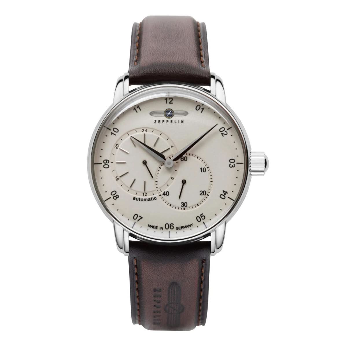 Bracelet de montre pour homme avec bracelet en cuir marron, boîtier argenté et cadran beige
