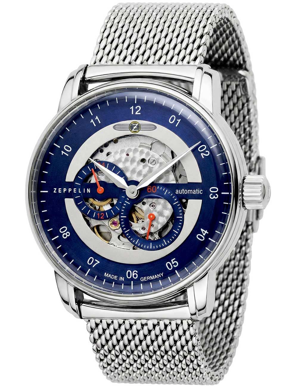 Herrenarmbanduhr mit blauem Zifferblatt und silbernem Mesh-Armband, sichtbares Automatikwerk