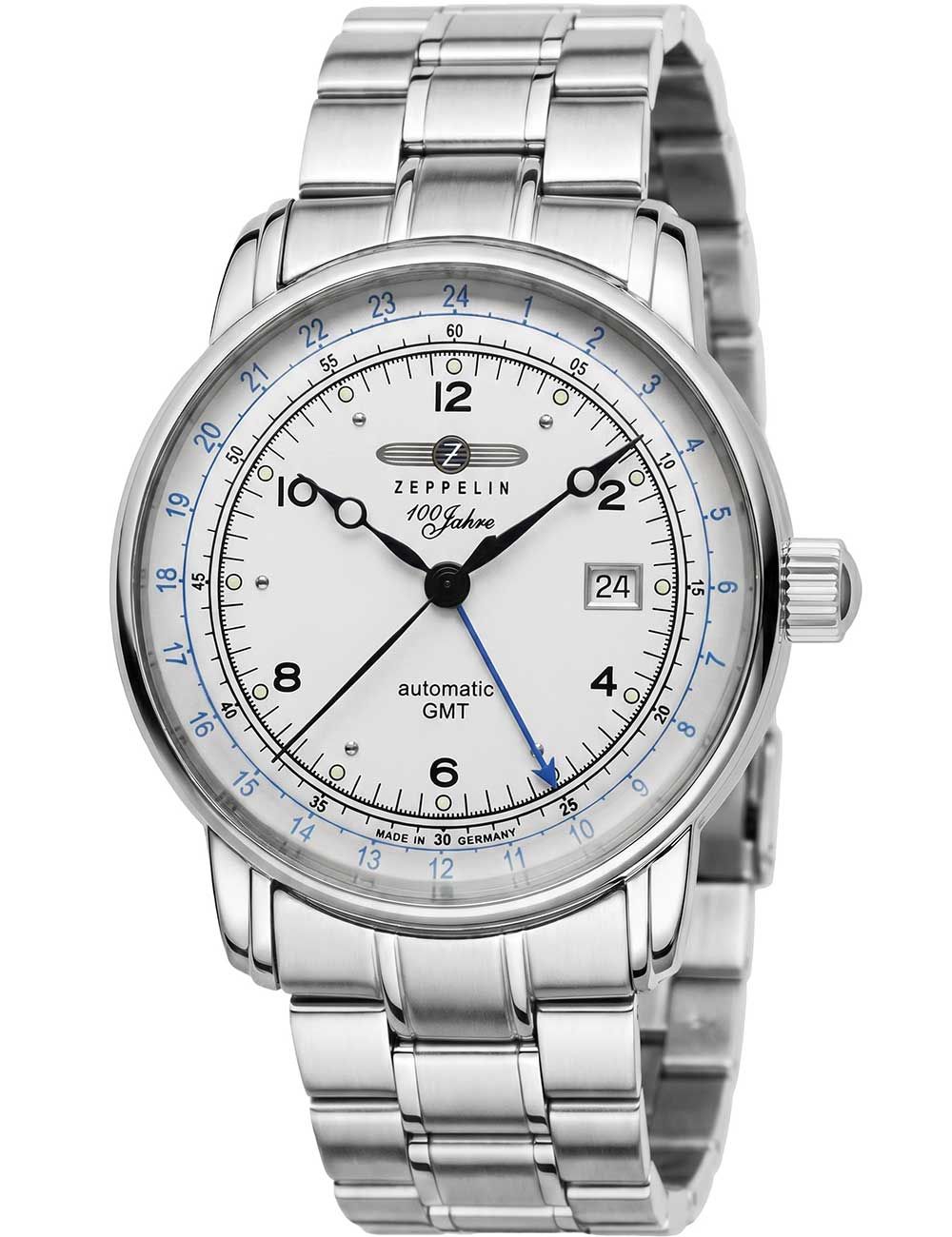 Zeppelin Herrenuhr mit silbernem Edelstahlband, weißem Zifferblatt und GMT-Anzeige