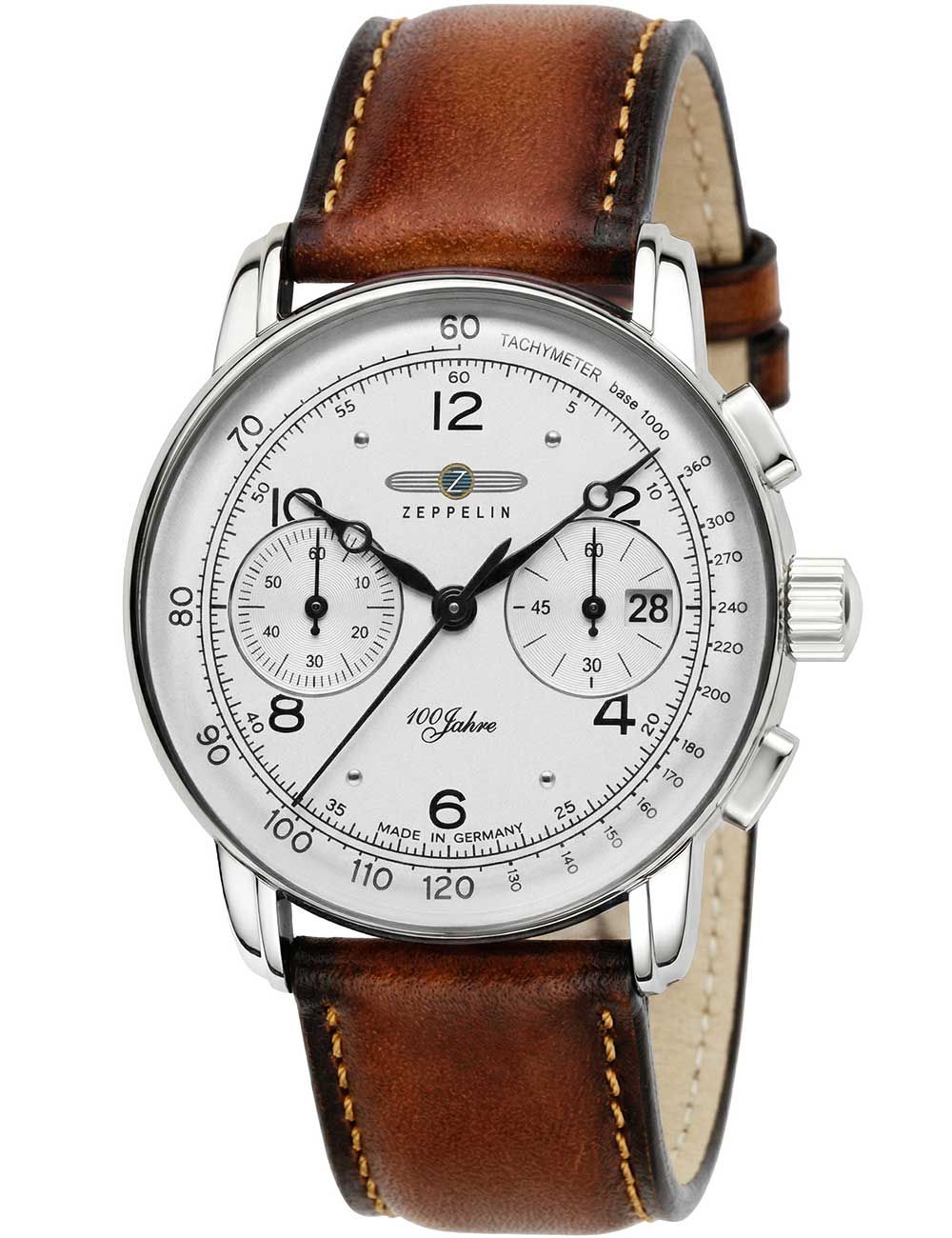 Zeppelin Herrenchronograph mit braunem Lederarmband, silbernem Gehäuse und Chronographenzifferblatt