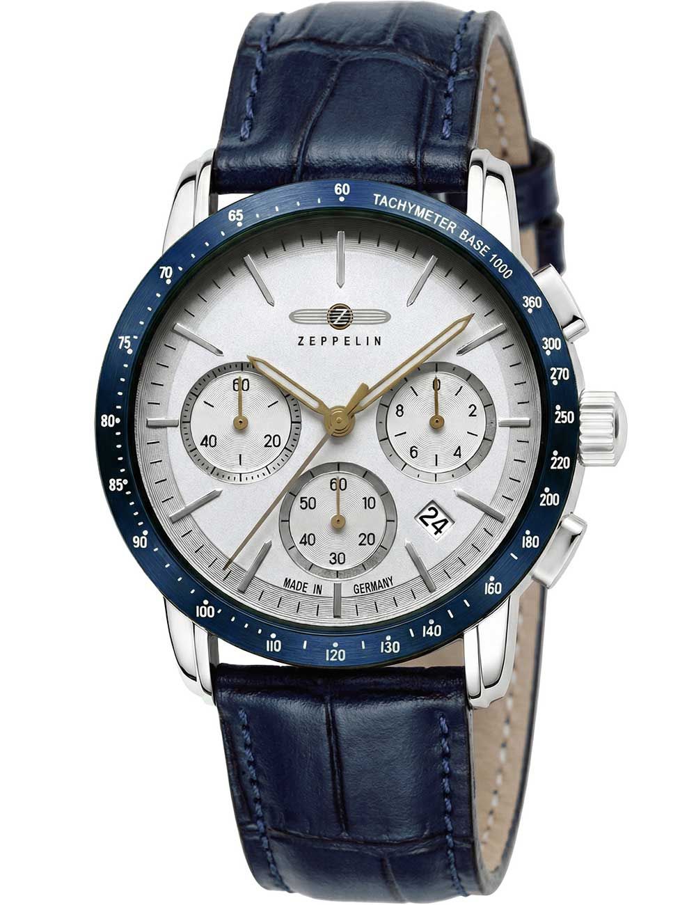 Herrenuhr Zeppelin Chronograph: blaues Lünette-Tachymeter, Lederarmband, silbernes Gehäuse