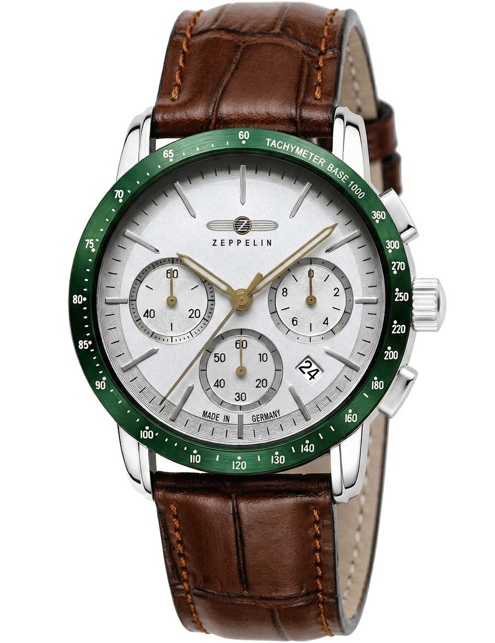 Zeppelin Herren-Chronograph mit grünem Ziffernblatt, braunem Lederband und Chrono-Subdials