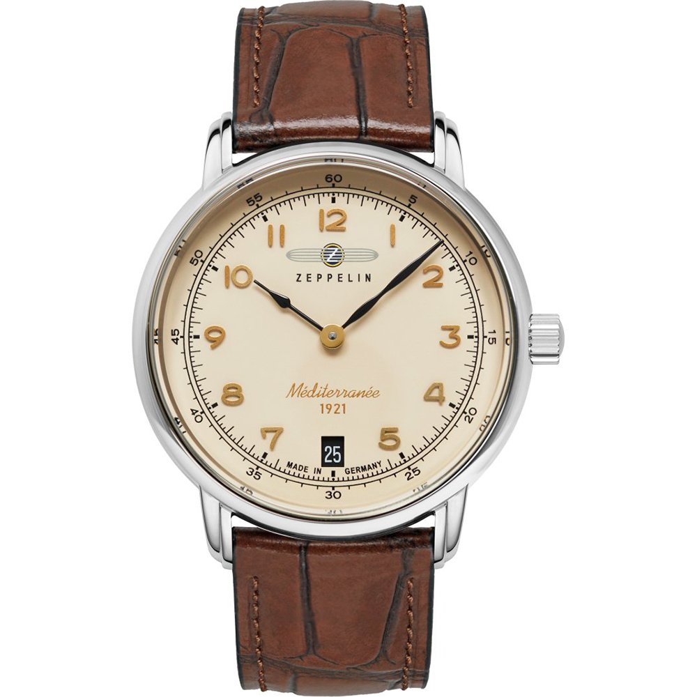 Herrenuhr Zeppelin mit braunem Lederarmband, beigem Zifferblatt und silbernem Gehäuse