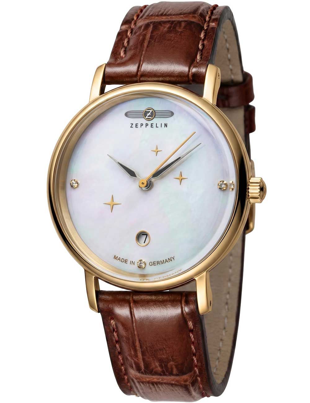Damenarmbanduhr mit Quarzwerk, goldfarbener Lünette und braunem Lederarmband, helles Zifferblatt