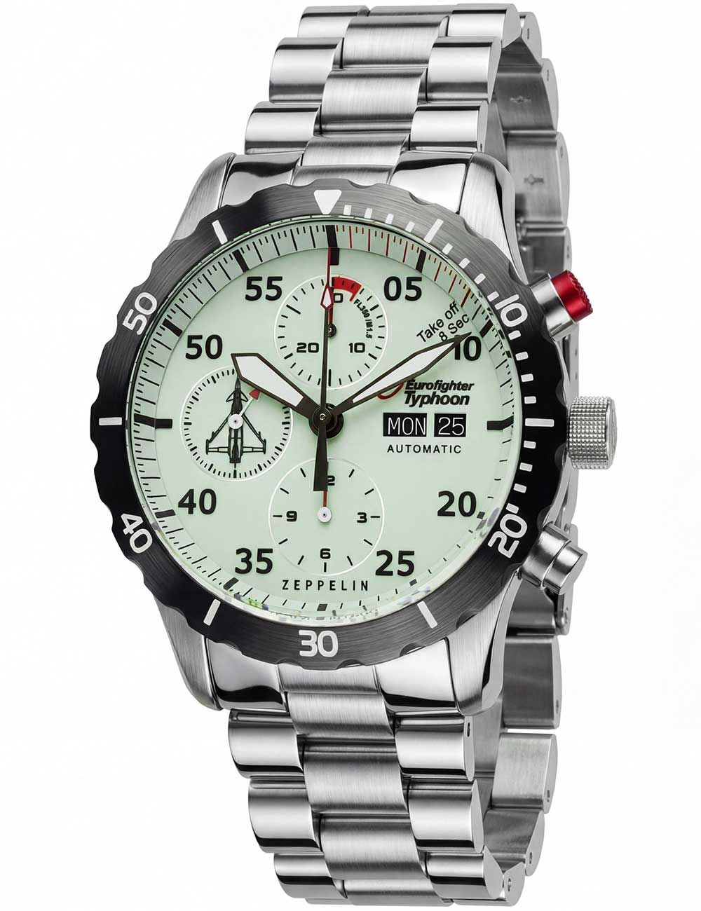 Herrenuhr mit schwarzem Zifferblatt, silbernem Edelstahlband und Automatik-Anzeige
