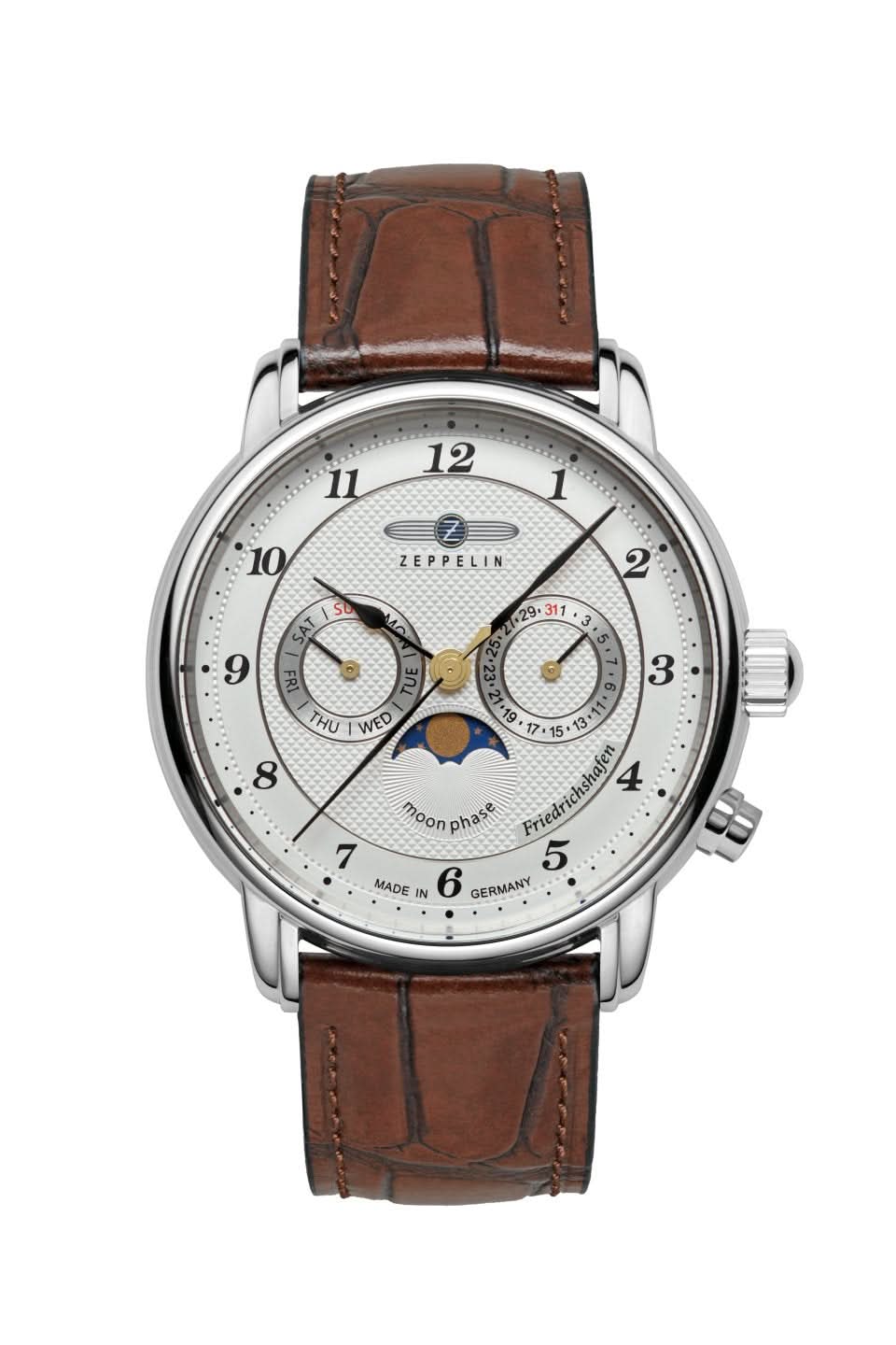 Montre Zeppelin pour homme avec bracelet en cuir marron, boîtier argenté et cadran à phases de lune.