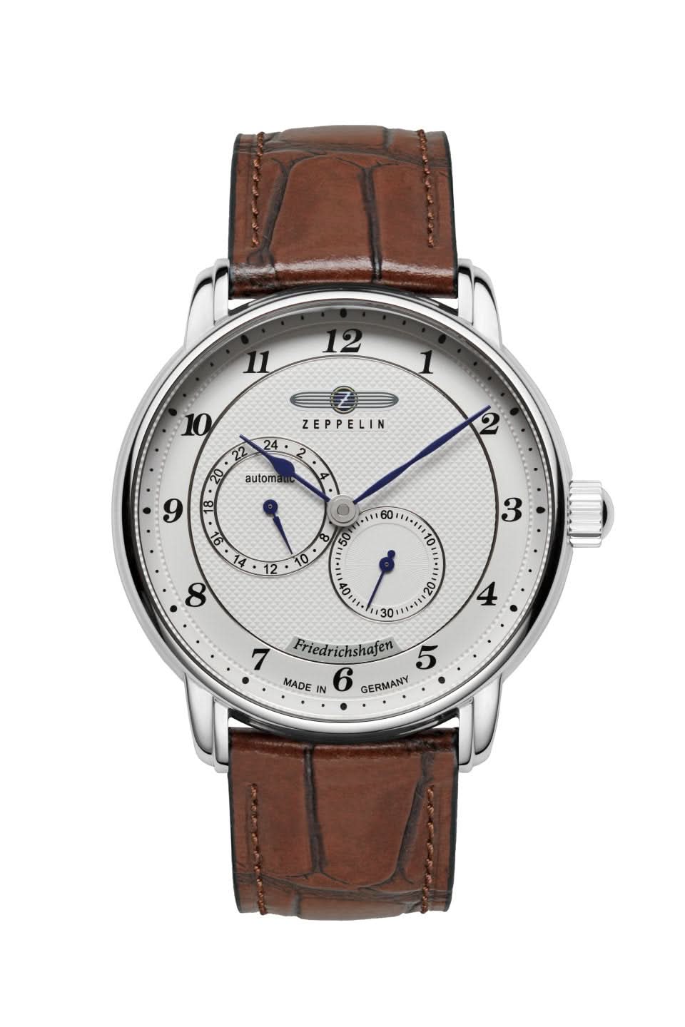 Bracelet de montre pour homme avec bracelet en cuir marron, boîtier argenté et cadran blanc