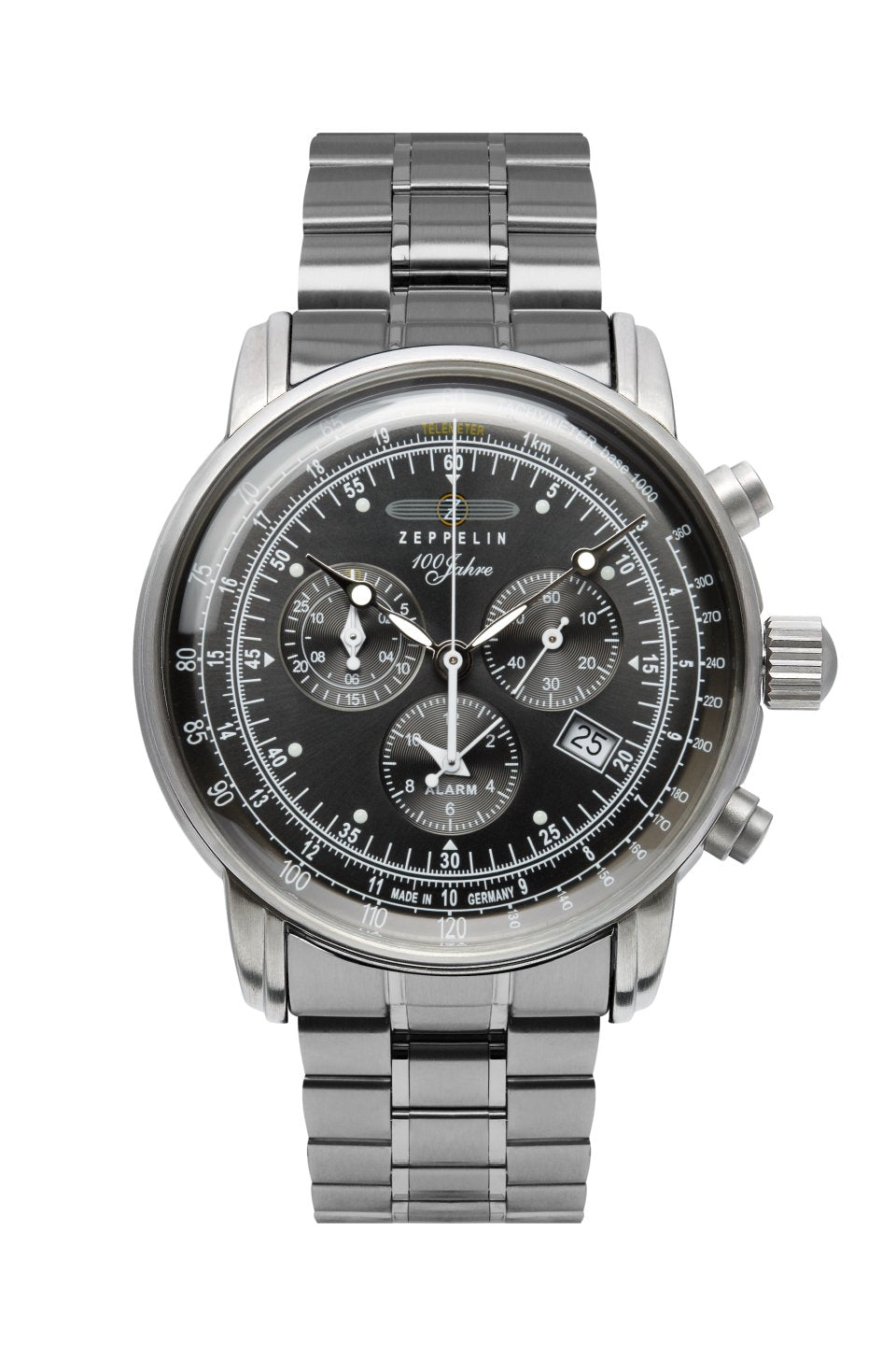 Herrenarmbanduhr mit Chronograph, schwarzem Zifferblatt und Edelstahl-Milanaisearmband