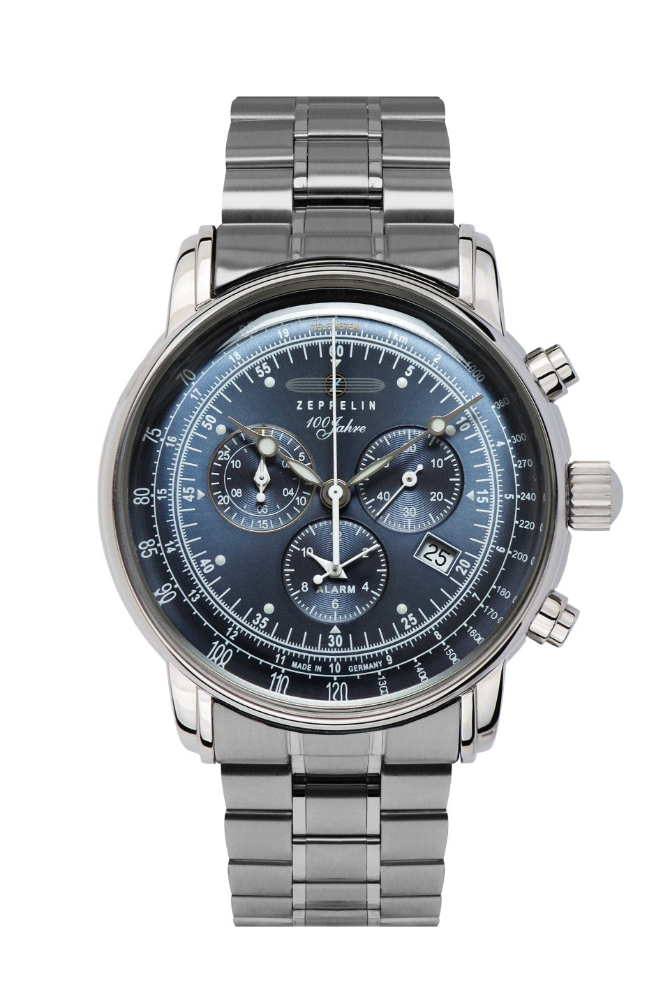 Herren-Chronograph-Uhr von Zeppelin mit blauem Zifferblatt und Edelstahl-Metallarmband