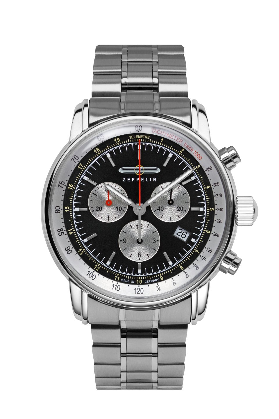 Herrenarmbanduhr mit Stahlband, schwarzem Zifferblatt, Chronographen-Optik und roten Zeigern