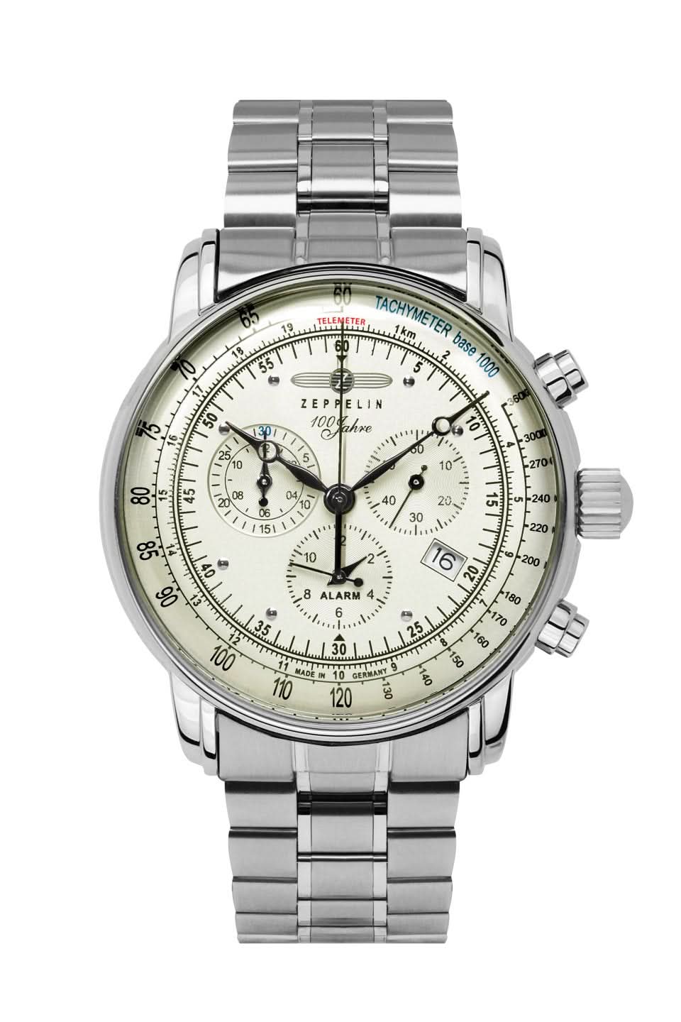 Herren-Chronographenuhr mit beigem Zifferblatt, silbernem Edelstahlband und Tachymeterskala