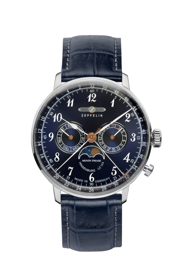 Zeppelin Herrenuhr mit blauem Zifferblatt, Mondphase und Lederarmband