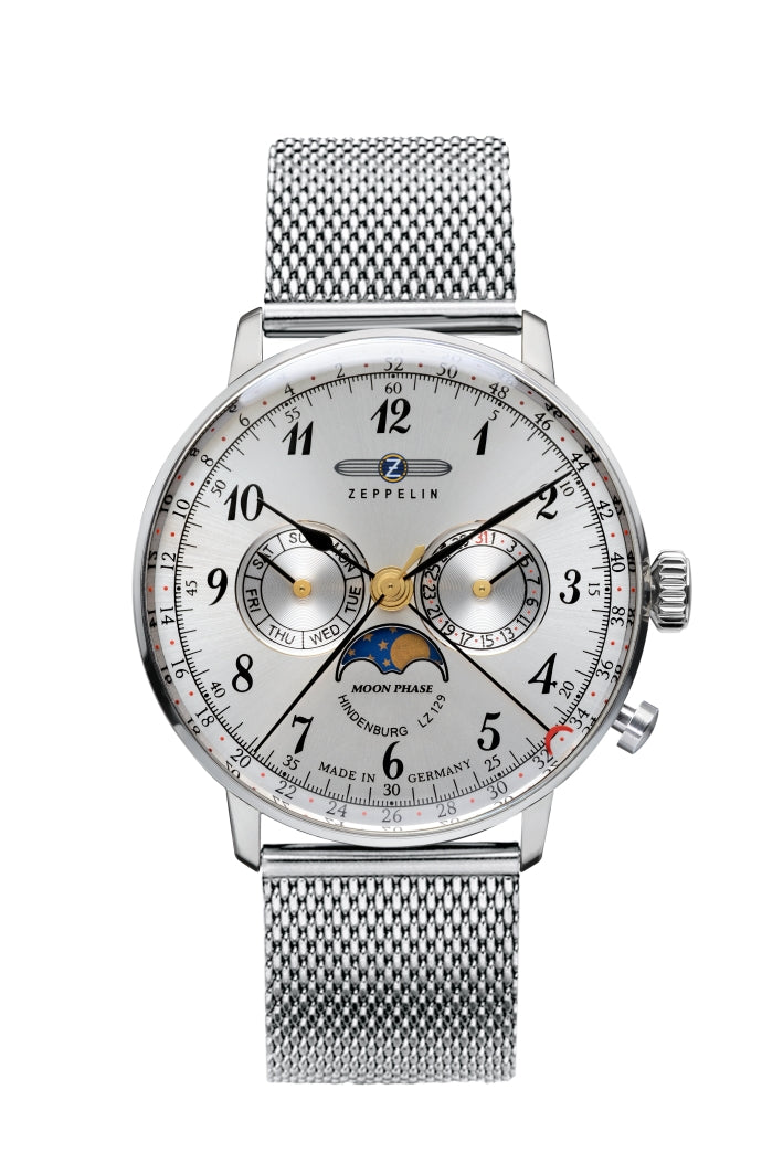 Herrenuhr mit silbernem Edelstahl-Meshband, rundem Zifferblatt mit Mondphasenanzeige