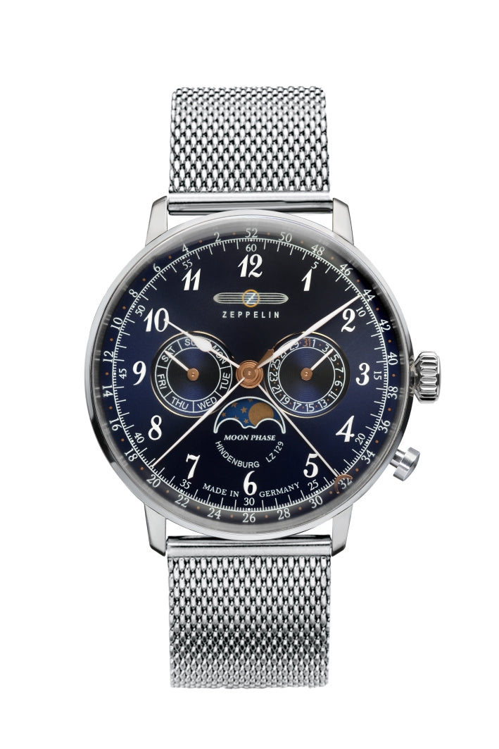 Zeppelin-Herrenuhr mit blauem Zifferblatt, Mondphase und Milanaise-Armband