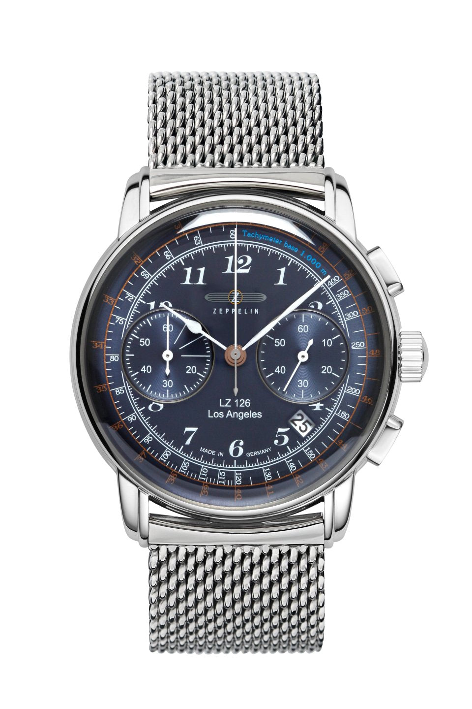 Zeppelin Herrenuhr Chronograph mit Tachymeter, blaues Zifferblatt, Edelstahl-Meshband
