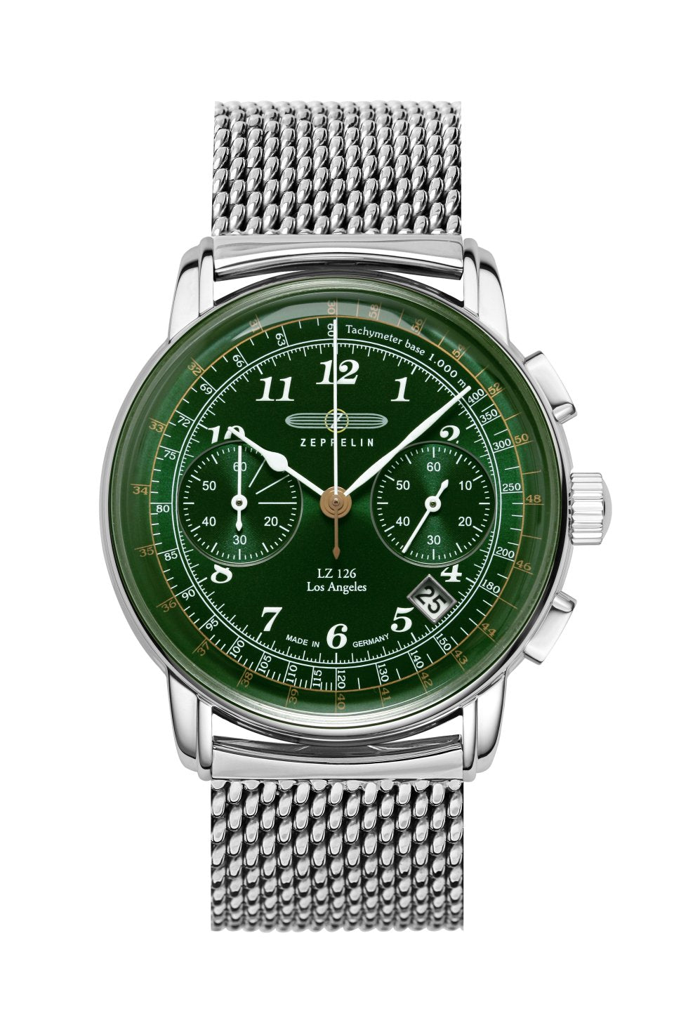 Zeppelin Herrenarmbanduhr mit Dunkelgrünem Zifferblatt, Chronograph und Metallband