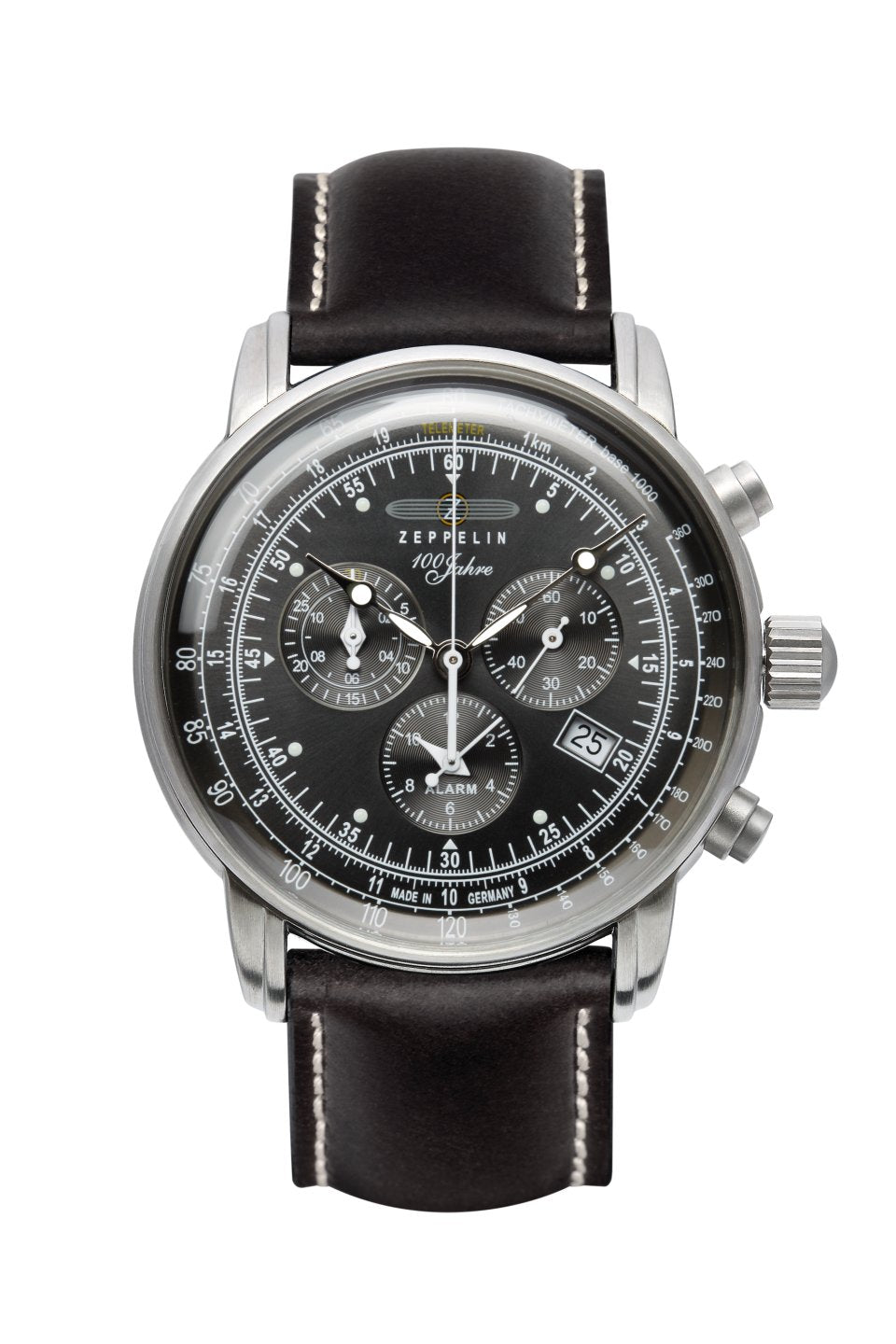Herrenarmbanduhr mit schwarzem Lederband, schwarzem Zifferblatt und Chronographen-Subdials