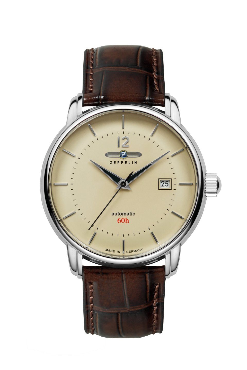 Herrenarmbanduhr mit beigem Zifferblatt und braunem Lederband, Automatik